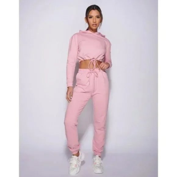 Pink Long Sleeve Hooded Crop Top and High Waist Joggers Pants Two Piece Set - Picture 4 of 17